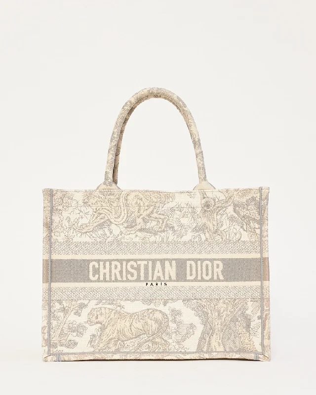 Dior Ecru and Gray Toile de Jouy Embroidery Canvas Medium Book Tote