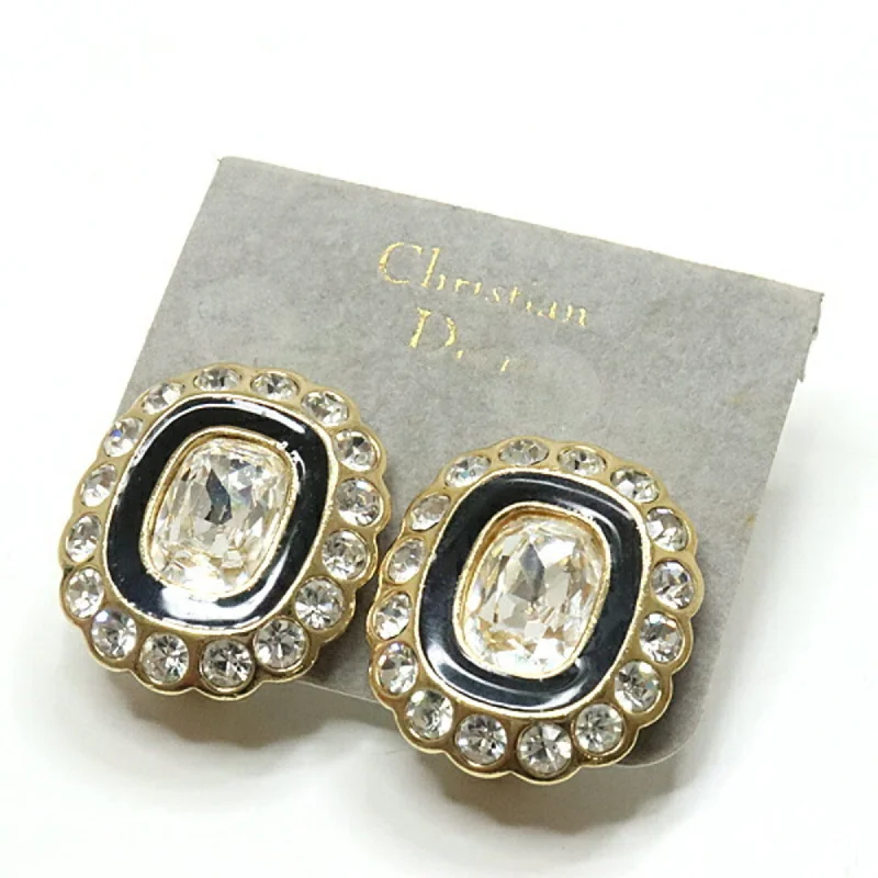 Christian Dior Crystal Earrings Flower Motif Metal/Enamel/Rhinestone Gold/Black/Clear Clip Type Rubber Pad Lost