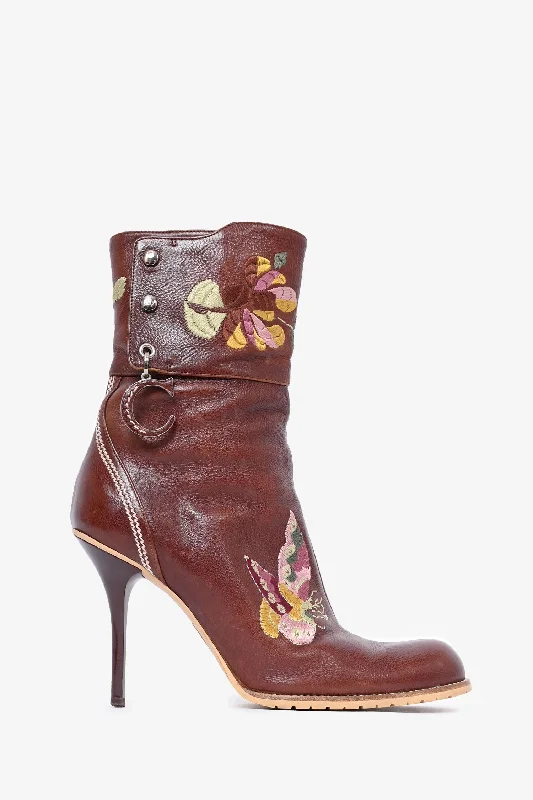 Christian Dior by John Galliano Brown Leather Flower Embroidered Heeled Boots Size 37