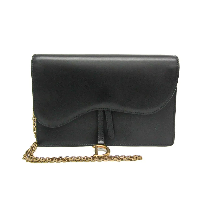 Christian Dior Saddle Women's Leather Chain/Shoulder Wallet Black