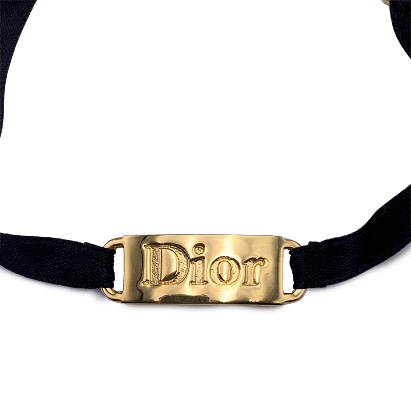 CHRISTIAN DIOR Vintage Gold Metal Black Ribbon Logo Plate Bracelet