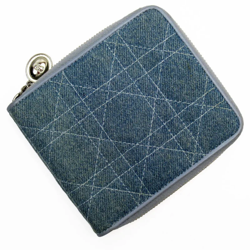 Christian Dior Bi-fold Wallet Cannage Denim Blue Silver Women's w0829a