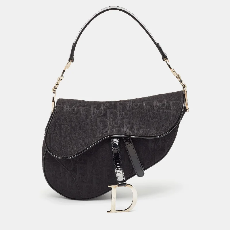 Dior Black Oblique Canvas And Patent Leather Xs Saddle Bag