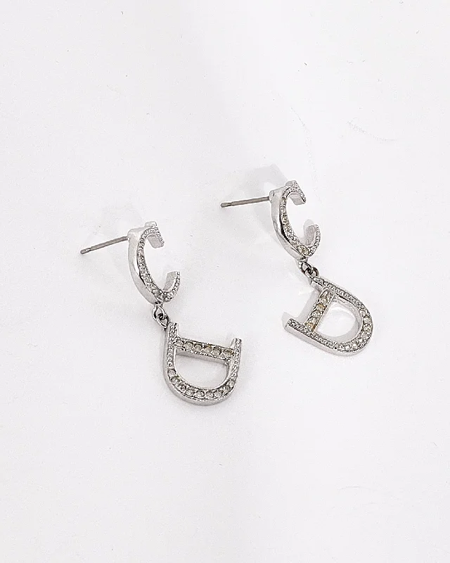 Dior Vintage Silver CD Logo Rhinestone Earrings